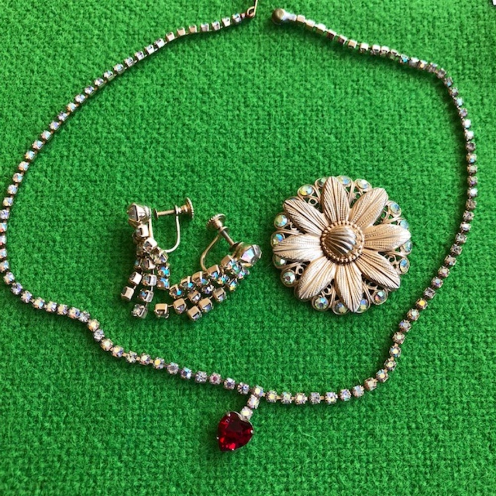 3 vintage Aurora Borealis pin necklace earrings